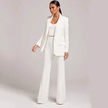 0425 Черно-бяло S-XXL Висококачествен ръкав на рамото, изискано палто, расшитое кристали, панталони, женски костюм, комплект