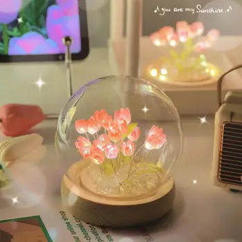 1 Комплект Солидна нощна светлина във формата на лале, реалистично выглядящая декоративна модел на дисплея, на изкуствена мини-цвете лале, led лека нощ, подпори