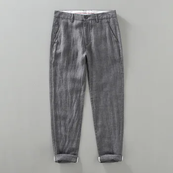 1335 Пролетно-летните модни мъжки обикновена прости ежедневни дишащи панталони от 100% лен премиум-клас, прави тънки панталони, мъжки панталони