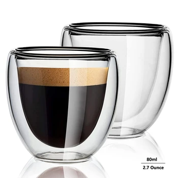 2 бр. чаши за еспресо, 80 мл, стъклена чаша с двойни стени, чашки за еспресо, изолиран чаена чаша, чаена чаша, малка чаша за чай и бира
