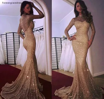 2019 Евтини вечерна рокля с дълги ръкави и пайети, елегантен арабски празнична рокля Русалка в Дубай, вечерна рокля за бала, сшитое по поръчка