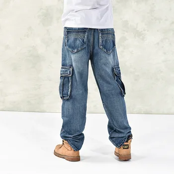 2019 Нови широки дънки с много джобове, свободни дънки за мъже в стил хип-хоп, широки дънки Homme, мъжки дънкови панталони, големи размери 42 44 46