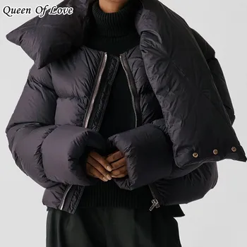 2022 Зимни якета Дамски градинска дрехи с памучна подплата Скъсяване на козината-блистери с дълъг ръкав Дебела топла горна дреха с яка-шал