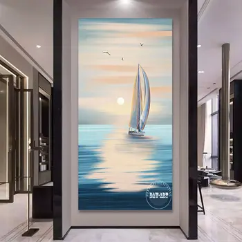 2022 Качествени произведения на изкуството, морски пейзажи с лодки Живопис с маслени бои върху платно Голяма, модерна за декорация на стените у дома, без рамка