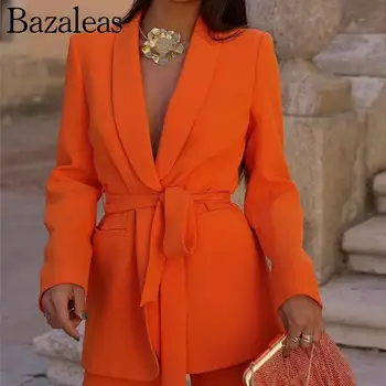 2023 Bazaleas Store Трафика на дамски оранжеви джобове, колан, сако на потайных копчета палто, шикозни дамски жилетки, официално облекло