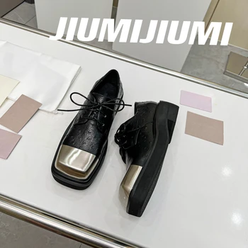2023 JIUMIJIUMI/ най-новите дамски обувки-лодки, ръчно изработени в ретро стил от естествена кожа с дантела, лоферы, дамски обувки в дебела подметка с квадратни пръсти, Ephesus Feminina