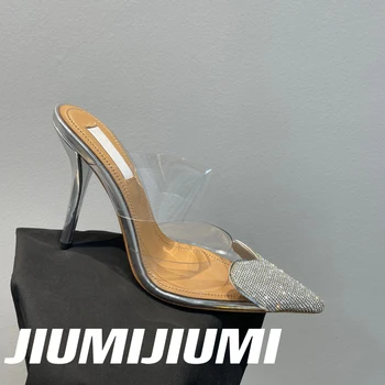 2023 JIUMIJIUMI/ най-Новите летни Елегантни дамски чехли от PVC със Затворени Пръсти; дамски обувки на Тънък Ток, с Остри Пръсти; Джапанки Zapatos De Mujer