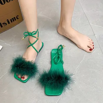 2023 Дизайнерски джапанки с пухкава кожа, дамски сандали на равна подметка, модерен квадратен чорап, пикантни зелени джапанки с кръстосани шнур на щиколотке, Zapatos Mujer
