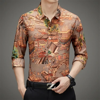 2023 Есенно-пролетно Облекло с дълги ръкави и принтом ОверСайз, хавайски плажната ежедневни Риза с флорална принтом за мъже