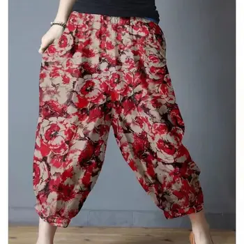 2023 летни ежедневни панталони от памук и лен, женски, свободни широки панталони в етнически стил с голям принтом, восьмиточечные панталони-зреещи с фенерчета