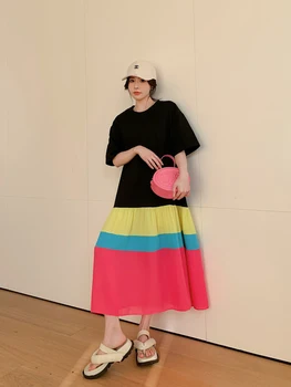 2023 Лятото на корейското една модерна женствена рокля в стил мозайка с къс ръкав Vestidos Robe Elbise Ежедневните Свободни женски Дълги Рокли големи Размери