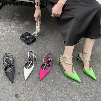 2023 Маркови дамски сандали, луксозни обувки-лодка на висок ток с декорация във формата на кристали, обувки за булката, удобно вечерна рокля с остри пръсти, новост за сватба