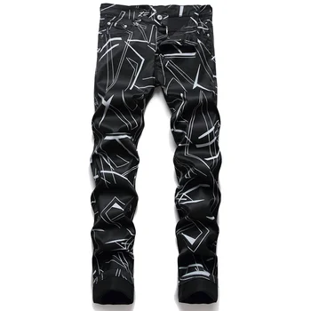 2023 Мъжки дънки с дигитален печат, модни дънкови панталони-участък с шарките, тесни зауженные панталони, черен, Бял