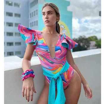 2023 Нов секси цял бански с рюшами и принтом, женски бански костюм с рюшами на раменете, плажно облекло с отворен гръб, Monkini