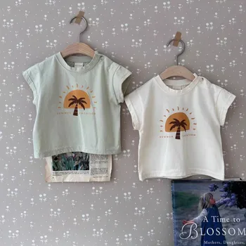 2023 Нова тениска с изображение на кокосови палми за момчета, тънки меки пуловери, блузи за деца, памучни тениски с принтом за малки момичета, свободни тениски за бебета