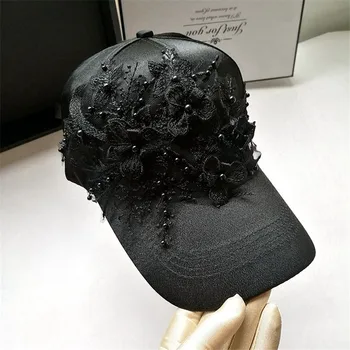 202301-shi ins дропшиппинг дизайнерска черна перлена модни дамски бейзболна шапка с цветя модел за жени, шапки за почивка