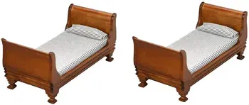 2x Дървена едно легло Куклена къща Спалня Хол Аксесоари за Мебели Декор 1: 12