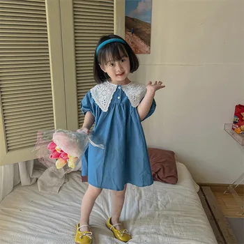 5210C Бебешка рокля 2023, лятно ново корейска рокля за момичета с голям завързана яка, памучни рокли на принцеси за прекрасни момичета
