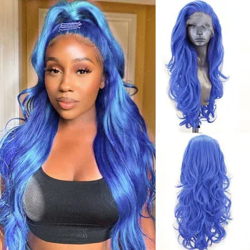 AIMEYA Синтетични перука на дантели, дълга, обемна вълна, синя перука, топлоустойчива влакнести косми, синтетични перуки за черни жени, използвани ежедневно