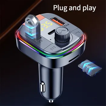 Bluetooth 5.0 Кола FM-предавател Безжичен led трансмитер MP3 плеър, микрофон Fm модулатор PD QC 3.0 USB зарядно за Кола RGB Осветление