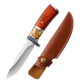 Dobeli 4CR13 Остър нож от неръждаема стомана, цветна дървена дръжка на нож за оцеляване в сражение, ловен стационарен нож с кожен калъф