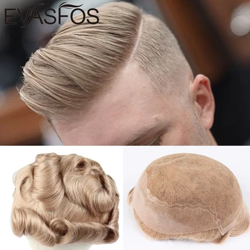 EVASFOS Индийска Система за Смяна на Човешка Коса Remy За Мъже, Перука, на Различни Цветни Мъжки изкуствена коса, на Основата на Q6, Френската Дантела с Изкуствена Кожа