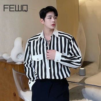 FEWQ, Мъжки ежедневни риза в черно-бяла ивица в Корейски стил, 2023, Нови Модни Свободни однобортные ризи с Ревери 9A1235