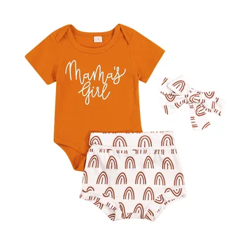 FOCUSNORM, 3 бр. комплекти дрехи за новородени момичета, гащеризон с къс ръкав и писмото принтом, с преливащи се цветове Шорти, превръзка на главата, 0-18 м