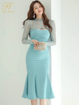 H Han Queen сезон: пролет-лято, нови женски прости дантелени рокли Русалка стил мозайка, офис ежедневна рокля-калъф, елегантна дебнещ рокля със средна дължина