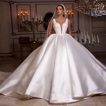 Hochzeitskleid/великолепна сватбена рокля с открити рамене, бродирани с мъниста и перли, винтажное сватбена рокля, луксозни сатенени рокли сватба