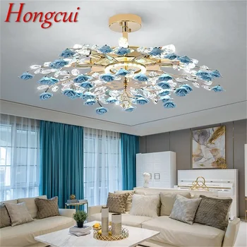 Hongcui Творчески полилей, Кристал окачен лампа, клон синьо цвете, домашен led лампа за дневна, трапезария
