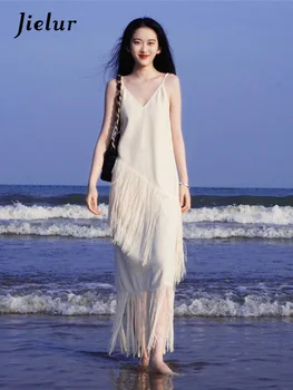 Jielur Пролет Лято, ново Страхотна плажна рокля с пискюли, женствена рокля за почивка на море, женствена рокля за пътуване, фино дамско однотонное женствена рокля