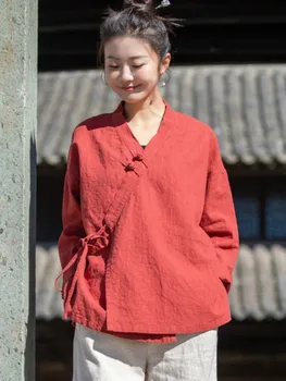 Johnature / дамски ризи в китайския стил, обикновена реколта върхове с рами и бутони-часова пролетна новост 2023, дамски блузи с дълъг ръкав