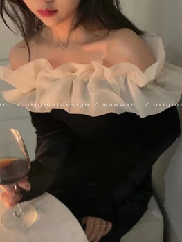 Korobov Бархатное рокля в контрастен цвят с волани, френски ретро халат за баня с открити рамене, рокли с дълъг ръкав за жени, Мода 2022 г., Vestidos