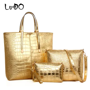 LUCDO 3 бр./компл., чанта през рамо с голям капацитет за жени, модни луксозна златна чанта, изработена от крокодилска кожа, дамска чанта цвят: златист, сребрист, голяма чанта