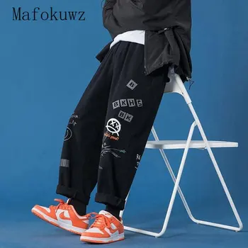 Mafokuwz/годишно работно облекло, панталони, мъжки корейски тенденция гамаши с принтом графити, чисто свободни директни ежедневни панталони с дължина до щиколоток
