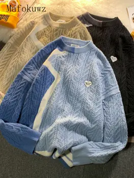 Mafokuwz, пуловер с цветни блокчета, Мъжки, Женски, Есен-зима, Основен Тренд, хонг конг Стил, Безплатен корейски пуловер с кръгло деколте, Пуловер