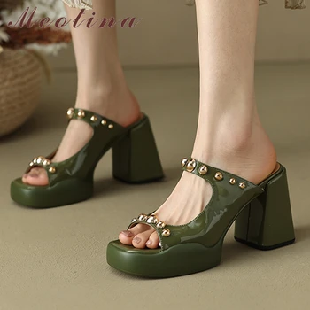 Meotina, дамски обувки от естествена кожа, през пръсти, платформа, пързалки на дебелите високи токчета, женските модни чехли с нитове, лято-пролет, зелен