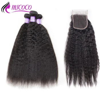 Mscoco Hair Бразилски Снопове, Плетене Косата Къдрава Преки 3 Връзки Човешки Косъм Със Затварянето На 4 Бр Реми Груб Снопчета Коса Яки