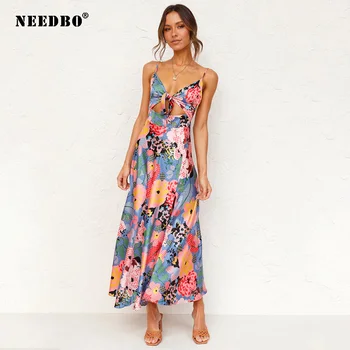 NEEDBO, модерно сексуално дебнещ рокля с V-образно деколте, вечерни клубни отворени дълги рокли, Камизола без ръкави, клубна дрехи, вечерен женски халат