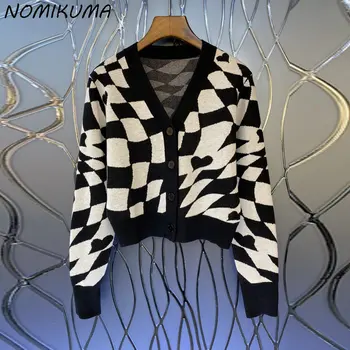Nomikuma Модерен кратък вязаный жилетка с V-образно деколте Love Heart Argyle, женски есенно-зимния Елегантен всекидневен пуловер с дълъг ръкав, палто