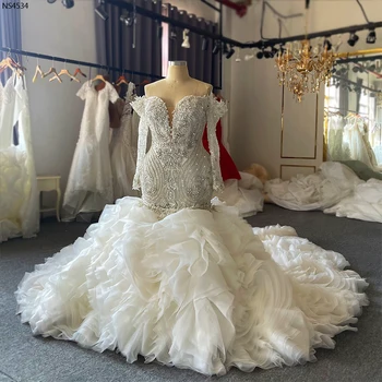 NS4534 Зашеметяващ сватбена рокля с тежки мъниста 2 в 1, русалка, големи размери