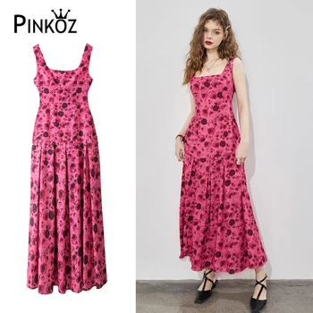 Pinkoz vintage vestidos модни официални рокли макси с червени цветя принтом, монтиране цветя модел, луксозен халат за младата дама за рожден ден
