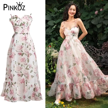 Pinkoz писта дизайнерско страхотна рокля midi розов цвят с цветя модел във формата на рози за спагети презрамки, рокли за партита в чест на рождения ден, луксозен халат за баня с високо качество