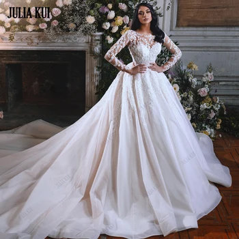 Porfirio Kui Убеждава сватбени рокли принцеса с кръгло деколте, бродирани с мъниста, апликации, дълги ръкави, сватбени рокли Vestido De Noiva