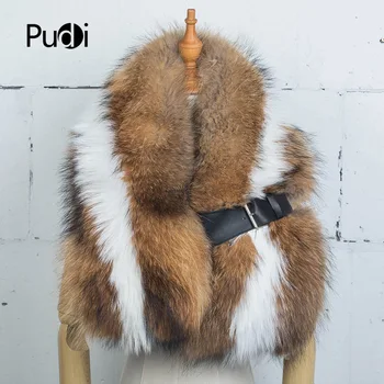 Pudi SF734 Нов дамски зимни кожени шал от естествена кожа на миеща мечка с колан и голяма яка за жени