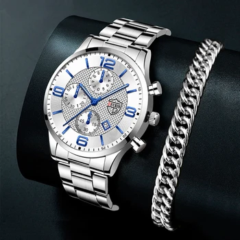 relogio masculino Мъжки бизнес Луксозни часовници кварцов ръчен часовник от неръждаема Стомана Мъжка сребърна гривна Календар Светещи часовници