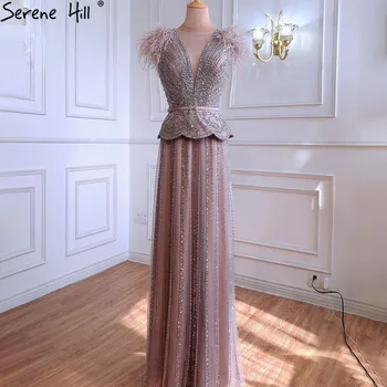 Serene Hill Meat Розови луксозни вечерни рокли, Рокли 2023, украсени с мъниста и пера, трапециевидные за жени, вечерни LA70929