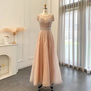 Sharon Said Луксозно бледо розово дълга вечерна рокля с мъниста за жени, сватбена елегантен златен арабското вечерна рокля размер плюс SS059
