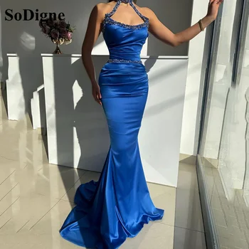 SoDigne Кралски сини сатенени рокли на Русалка за бала 2023, бродирани с пайети, които са украсени с кристали, Дубайское-секси вечерна рокля